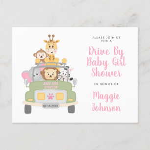 Drive by Animal Safari Cute Pink Baby Girl Shower Uitnodiging Briefkaart
