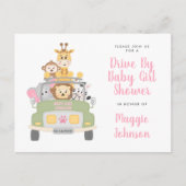 Drive by Animal Safari Cute Pink Baby Girl Shower Uitnodiging Briefkaart (Voorkant)