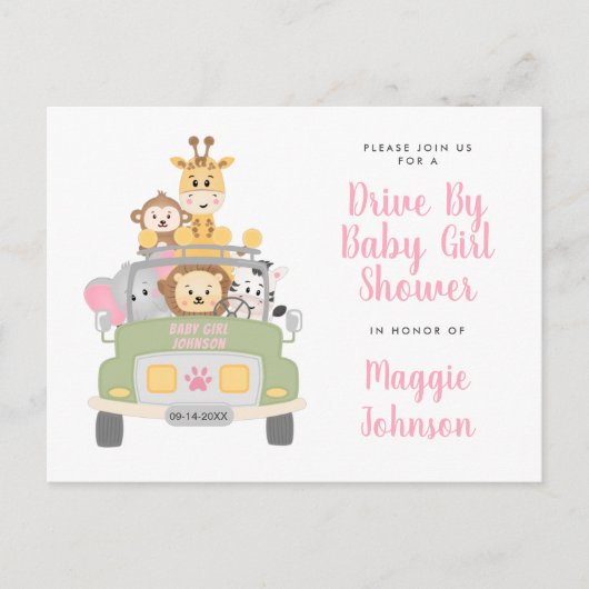 Drive by Animal Safari Cute Pink Baby Girl Shower Uitnodiging Briefkaart (Voorkant)