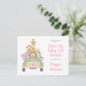 Drive by Animal Safari Cute Pink Baby Girl Shower Uitnodiging Briefkaart (Staand voorkant)