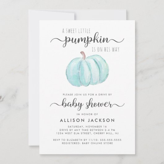 Drive by Baby Boy Shower Blue Pumpkin-Waterverf Kaart (Voorkant)
