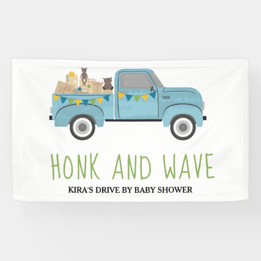 Drive by Baby shower Honk & Wave Blue Truck Spandoek (Horizontaal)