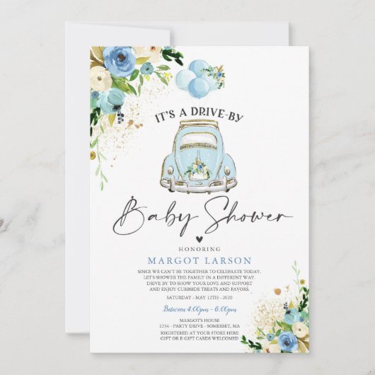 Drive by Baby shower Invitation Blue Floral Shower Kaart (Voorkant)