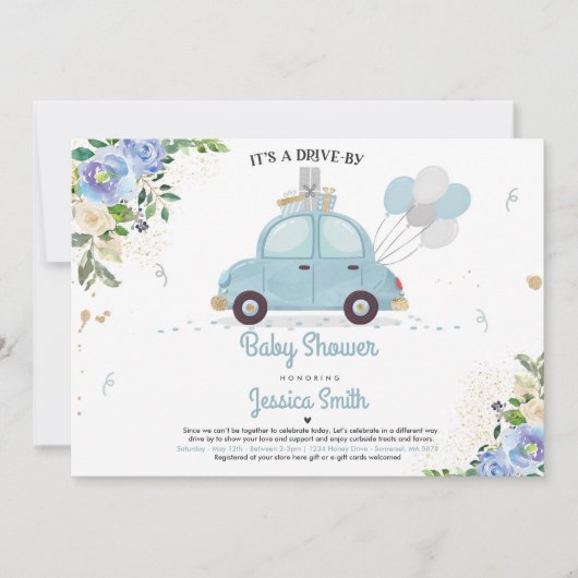 Drive by Baby shower Invitation Blue Floral Shower Kaart (Voorkant)