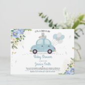 Drive by Baby shower Invitation Blue Floral Shower Kaart (Staand voorkant)