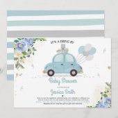 Drive by Baby shower Invitation Blue Floral Shower Kaart (Voorkant / Achterkant)