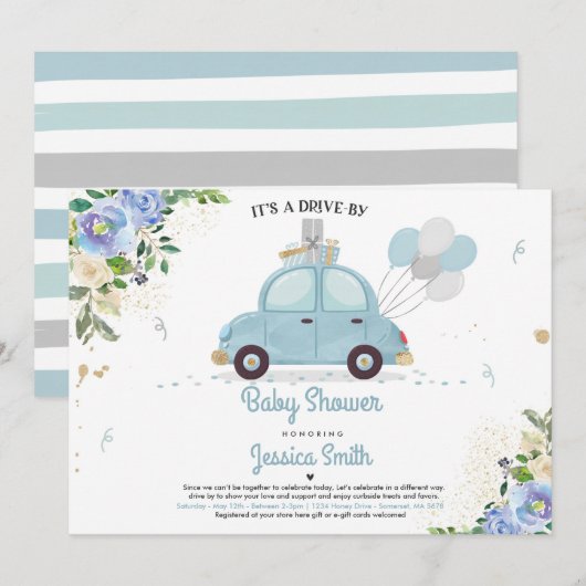 Drive by Baby shower Invitation Blue Floral Shower Kaart (Voorkant / Achterkant)