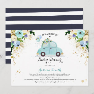Drive by Baby shower Invitation Blue Floral Shower Kaart