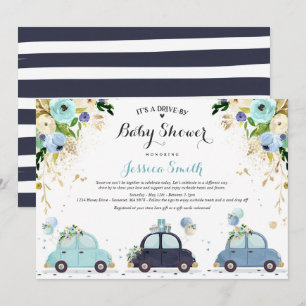 Drive by Baby shower Invitation Blue Floral Shower Kaart