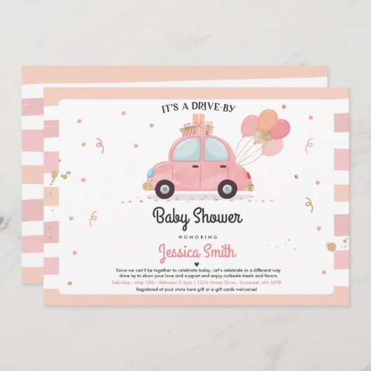 Drive by Baby shower Invitation Blush Pink Shower Kaart (Voorkant / Achterkant)