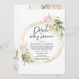 Drive by Baby shower Invitation Greenery Pink Gold Kaart