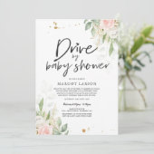 Drive by Baby shower Invitation Greenery Pink Gold Kaart (Staand voorkant)