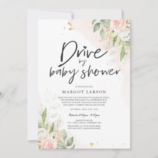 Drive by Baby shower Invitation Greenery Pink Gold Kaart (Voorkant)