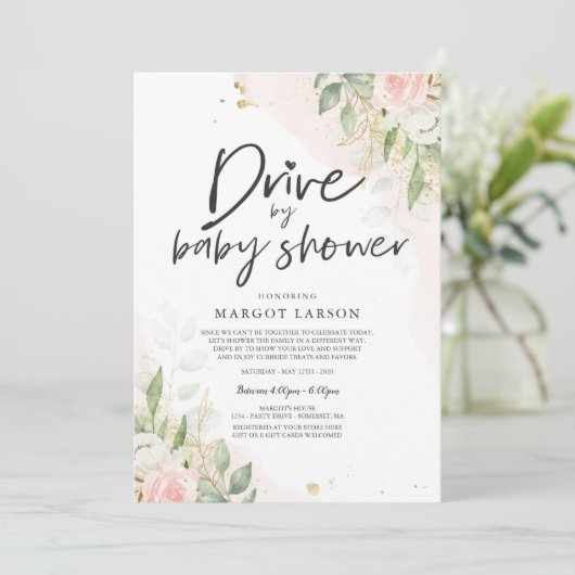 Drive by Baby shower Invitation Greenery Pink Gold Kaart (Staand voorkant)