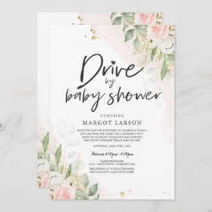 Drive by Baby shower Invitation Greenery Pink Gold Kaart