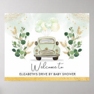 Drive by Baby shower Parade Greenery Gold Welcome Poster