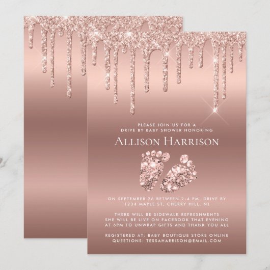 Drive by Baby shower Roos Gold Glitter Kaart (Voorkant / Achterkant)