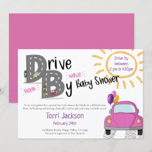 Drive By Baby Shower Roze Auto en Ballonnen Kaart