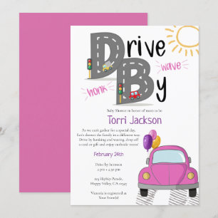 Drive By Baby Shower Roze Auto voor Meisje Kaart