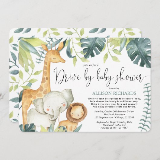 Drive-by baby shower safari oerwoud dieren kaart (Voorkant / Achterkant)