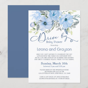 Drive By Baby Shower Stofblauwe Watercolor Bloemen Kaart