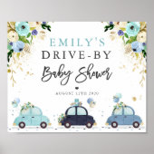 Drive by Baby shower Welcome Sign Blue Floral Poster (Voorkant)