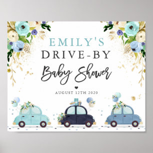 Drive by Baby shower Welcome Sign Blue Floral Poster