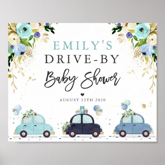 Drive by Baby shower Welcome Sign Blue Floral Poster (Voorkant)
