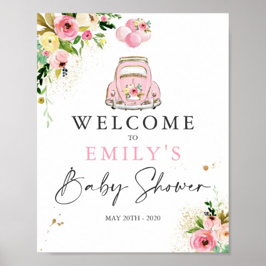 drive by Baby shower Welcome Sign Pink Floral Poster (Voorkant)
