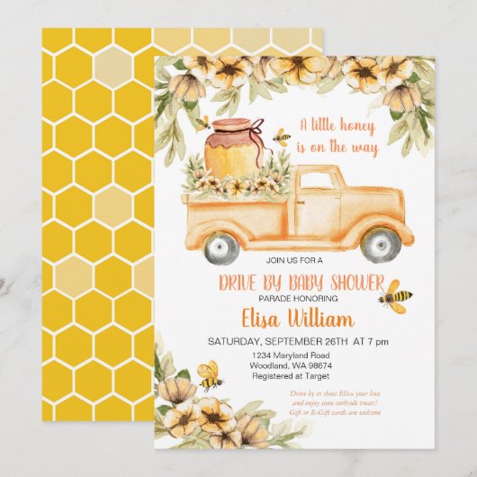 Drive by bee girl baby shower Invitation Kaart (Voorkant / Achterkant)