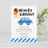 'drive-by-Birthday Cute Blue Car-ballonnen Simple' Kaart (Staand voorkant)