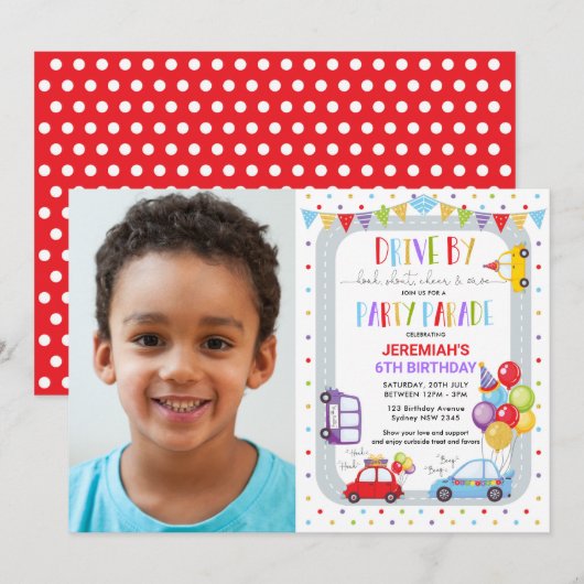 Drive by Birthday Party Parade Photo Invitation Kaart (Voorkant / Achterkant)