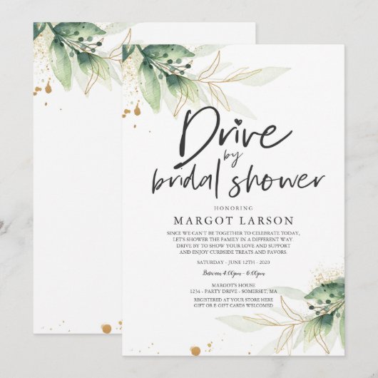 Drive by Bridal Shower Invitation Greenery & Gold Kaart (Voorkant / Achterkant)
