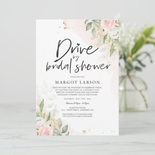 Drive by Bridal Shower Invitation Greenery & Gold Kaart (Staand voorkant)