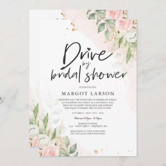Drive by Bridal Shower Invitation Greenery & Gold Kaart (Voorkant / Achterkant)