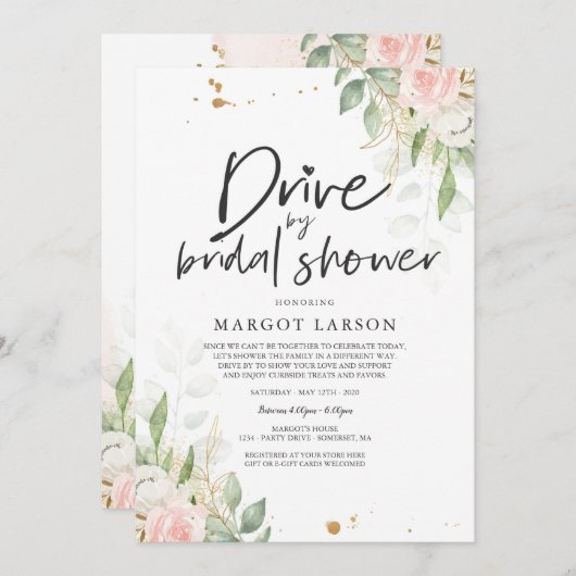 Drive by Bridal Shower Invitation Greenery & Gold Kaart (Voorkant / Achterkant)