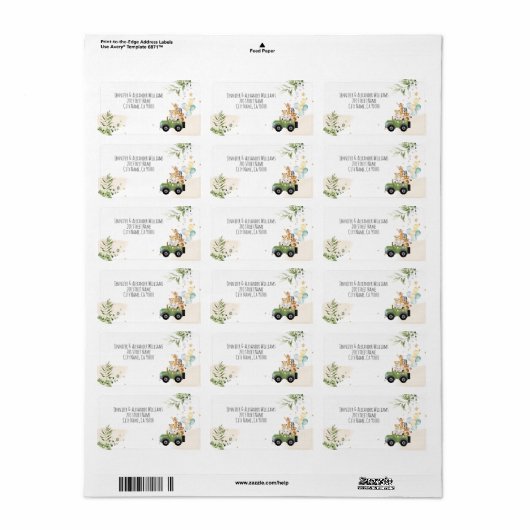 Drive-by Safari Baby Animals Baby shower Etiket (Full Sheet)