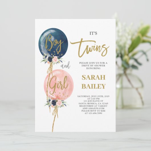 Drive By Twins Baby shower Uitnodiging Jongen en M (Staand voorkant)