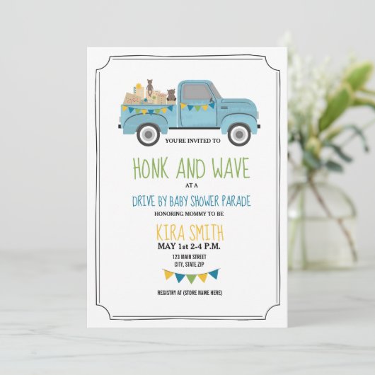 Drive Dru Baby shower  Blue Truck Kaart (Staand voorkant)