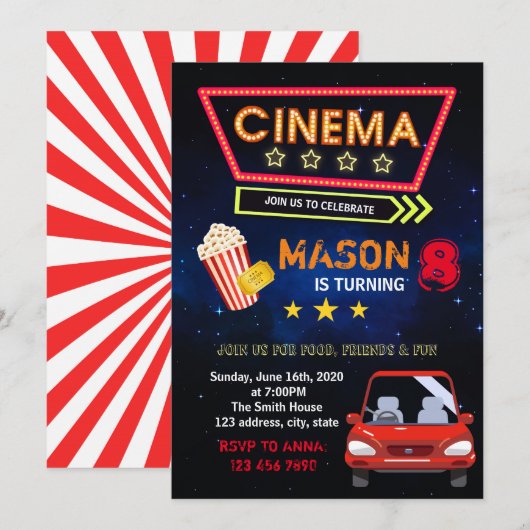 Drive in film party-uitnodiging kaart (Voorkant / Achterkant)