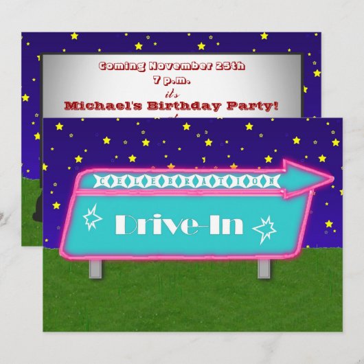 Drive-In Movie Theater Party Uitnodiging (Voorkant / Achterkant)