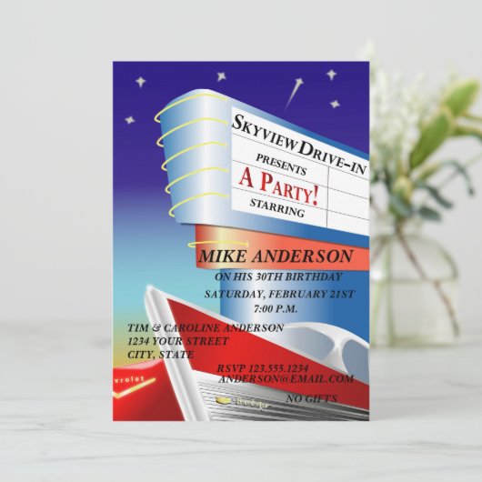 Drive-In Movie Theme Invitation Kaart (Staand voorkant)