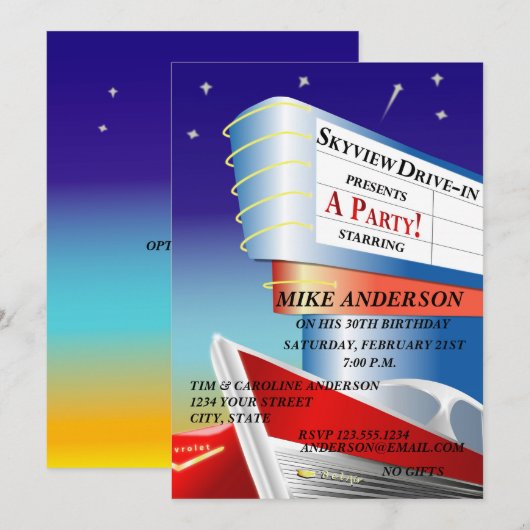 Drive-In Movie Theme Invitation Kaart (Voorkant / Achterkant)