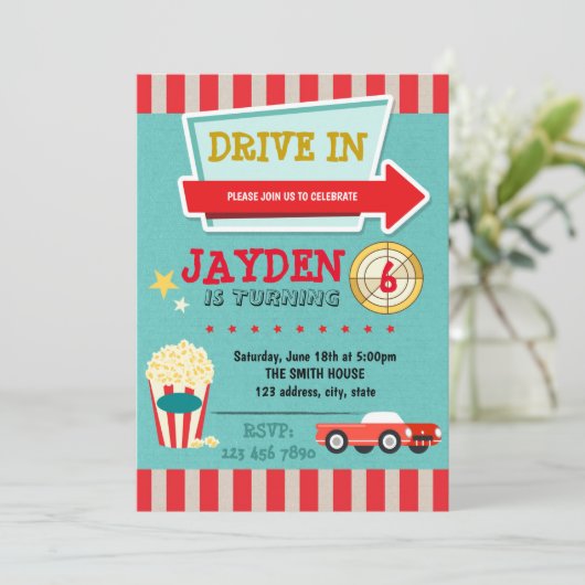 Drive in thema film party call kaart (Staand voorkant)