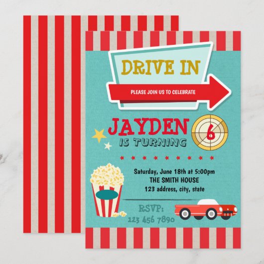 Drive in thema film party call kaart (Voorkant / Achterkant)