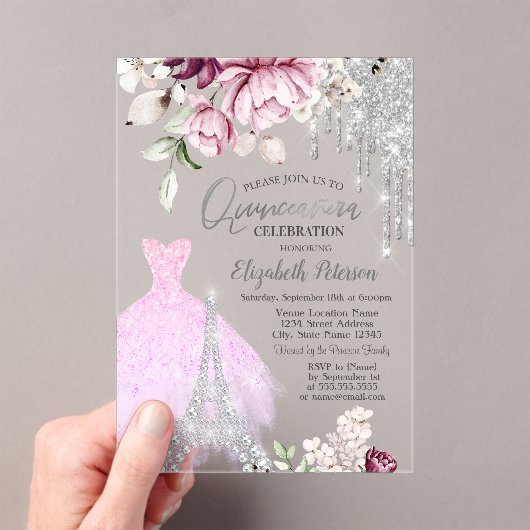 Drivers, dress, Eiffeltoren Lila Rozen Quinceañera Acryl Uitnodigingen (Insitu (Draagbaar))