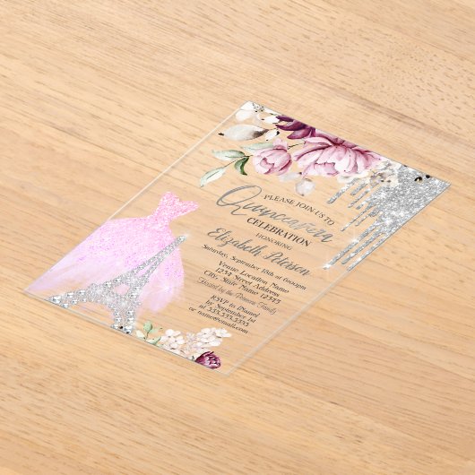 Drivers, dress, Eiffeltoren Lila Rozen Quinceañera Acryl Uitnodigingen (Laagn)