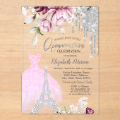 Drivers, dress, Eiffeltoren Lila Rozen Quinceañera Acryl Uitnodigingen (Voorkant)