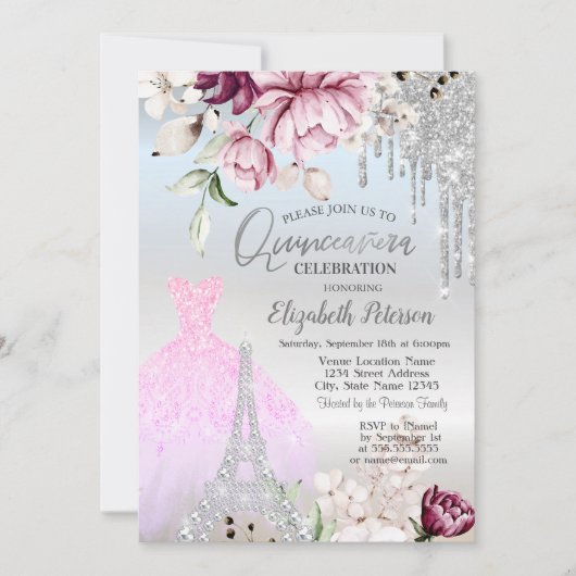 Drivers, dress, Eiffeltoren Lila Rozen Quinceañera Kaart (Voorkant)