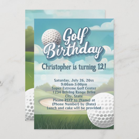 Driving Range Golf Verjaardagsfeestuitnodiging Kaart (Voorkant / Achterkant)